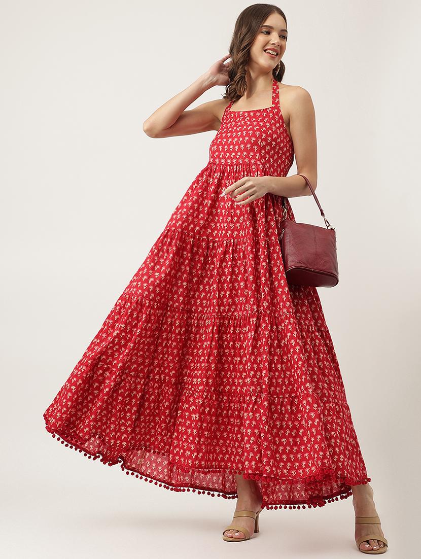 red cotton tiered ethnic dress - 20048049 - Standard Image - 3