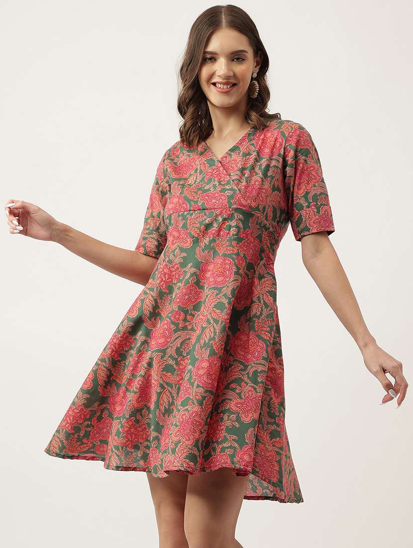 green cotton a line ethnic dress - 20048051 -  Zoom Image - 0