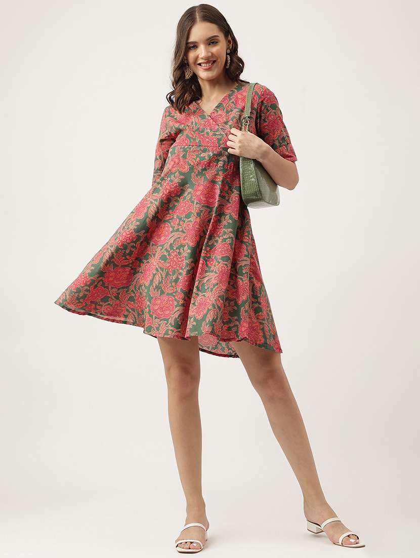 green cotton a line ethnic dress - 20048051 - Standard Image - 3