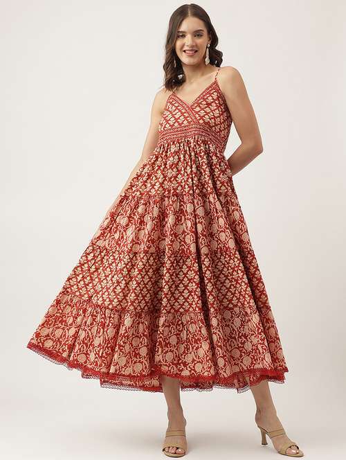 rust cotton tiered ethnic dress - 20048053 -  Standard Image - 0