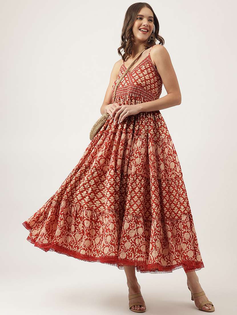 rust cotton tiered ethnic dress - 20048053 -  Standard Image - 3