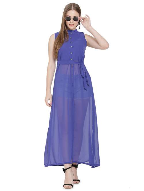 blue solid fit & flare tunic - 20051738 -  Standard Image - 0
