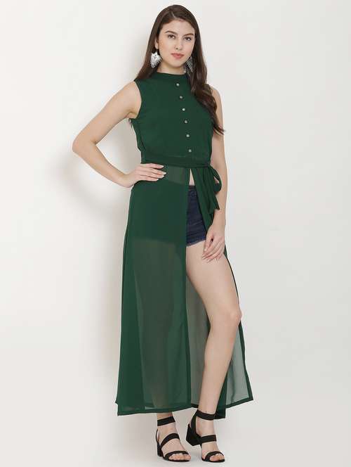green solid fit & flare tunic - 20051744 - Standard Image - 0