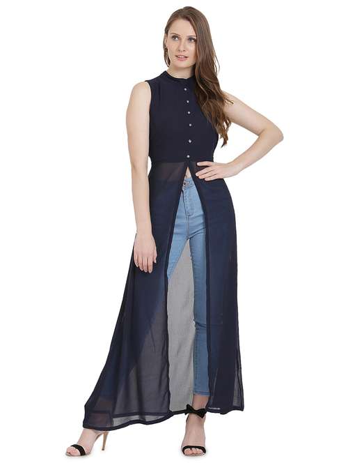 blue solid fit & flare tunic - 20051761 -  Standard Image - 0