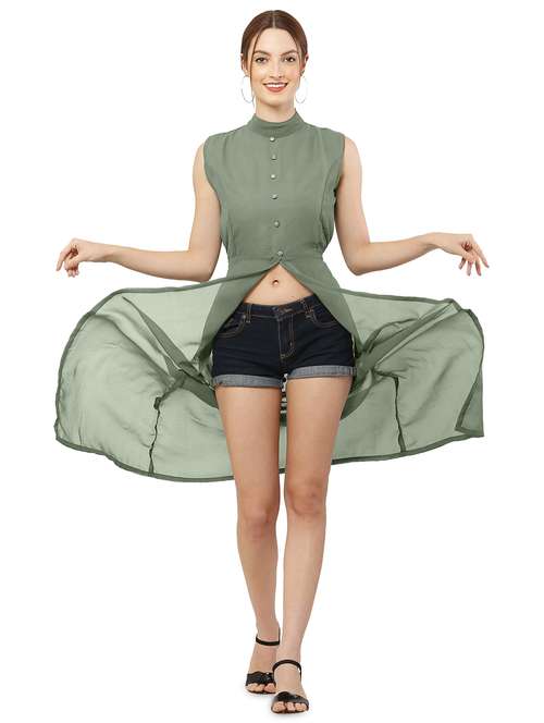 green solid fit & flare tunic - 20051771 -  Standard Image - 0