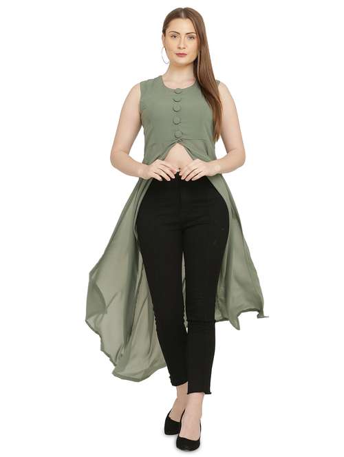 green solid fit & flare tunic - 20051772 - Standard Image - 0