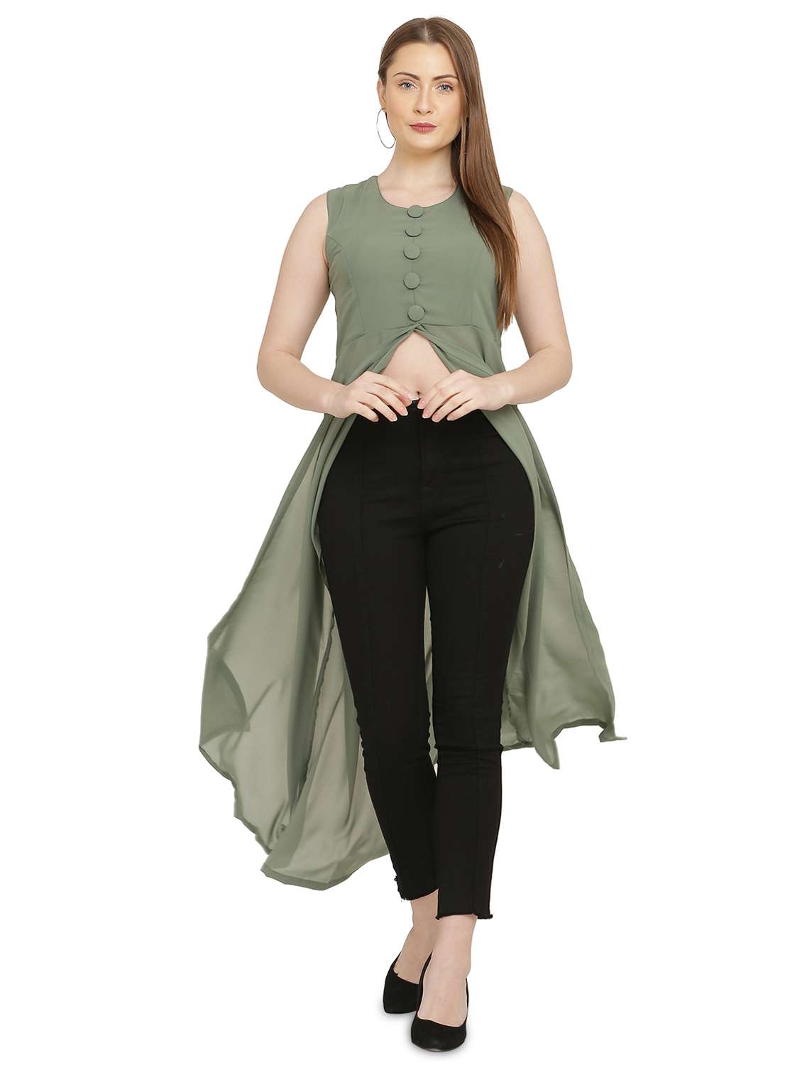 green solid fit & flare tunic - 20051772 - Zoom Image - 0