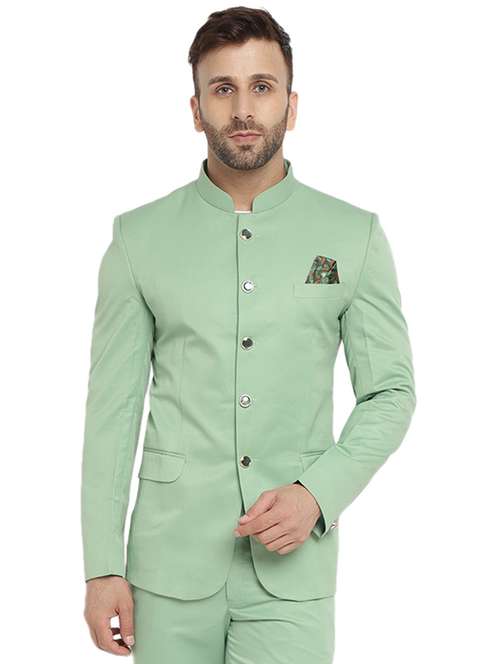 green cotton blend bandhgala - 20051787 -  Standard Image - 0