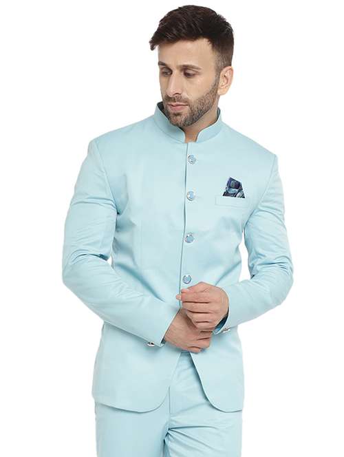 light blue cotton blend bandhgala - 20051793 -  Standard Image - 0