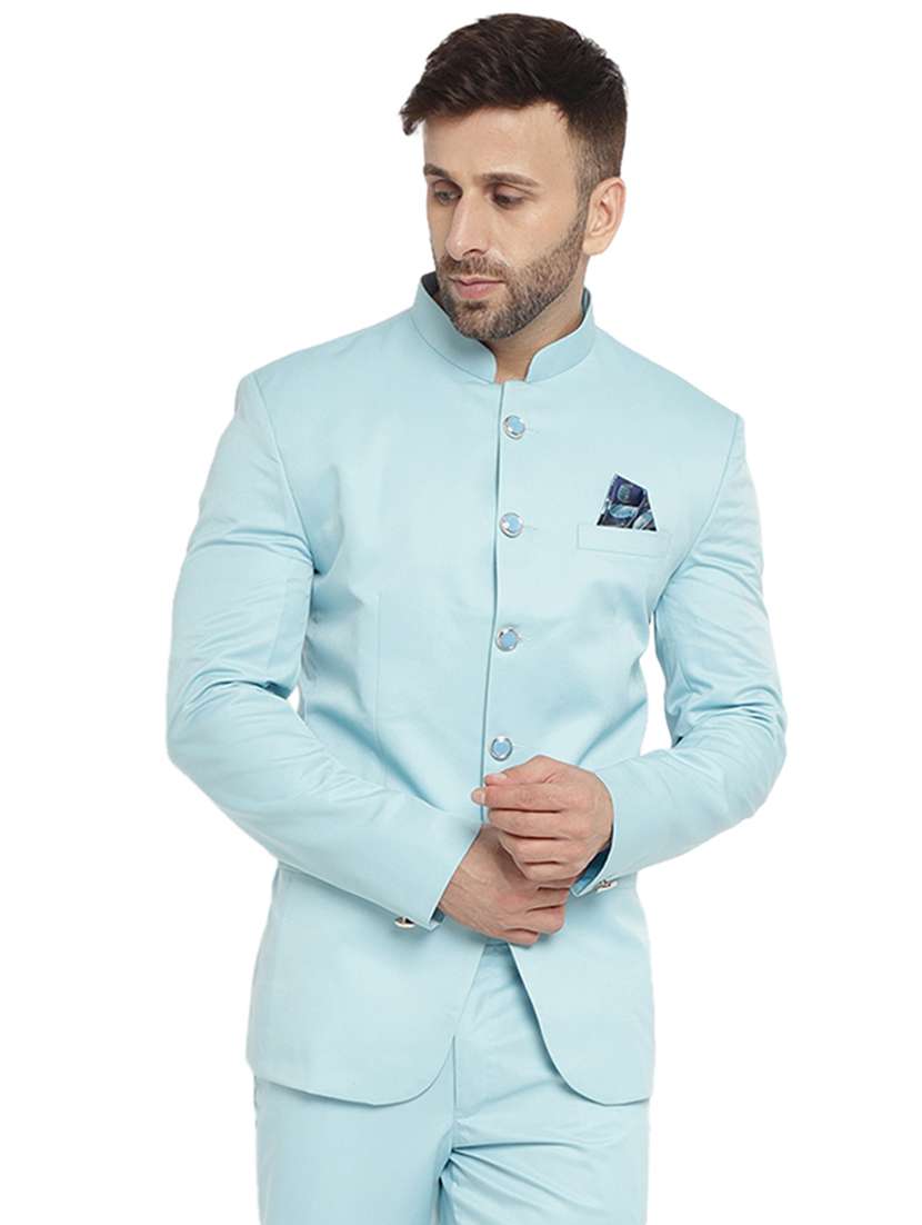 light blue cotton blend bandhgala - 20051793 -  Zoom Image - 0