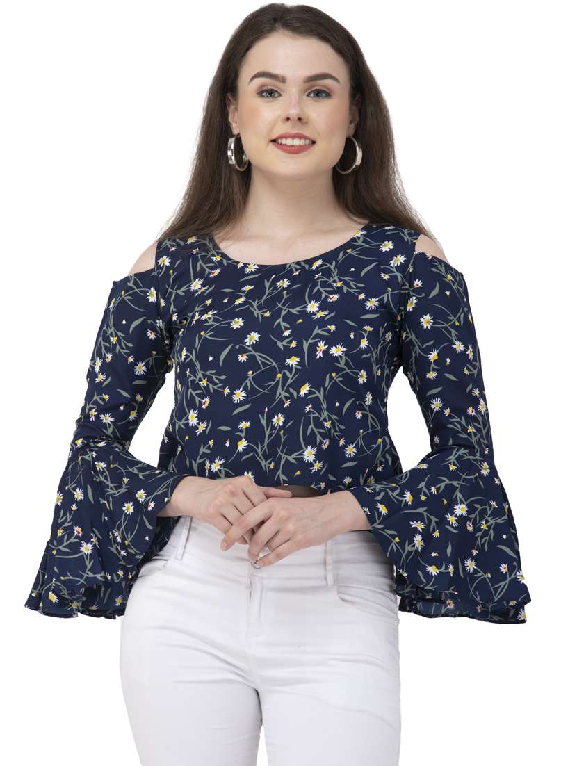 women navy blue floral printed high low top