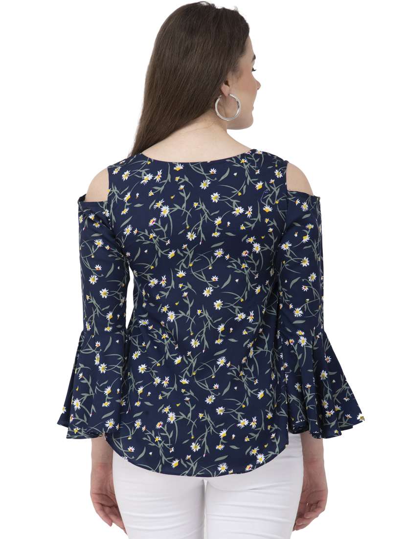 women navy blue floral printed high low top - 20056135 -  Standard Image - 3