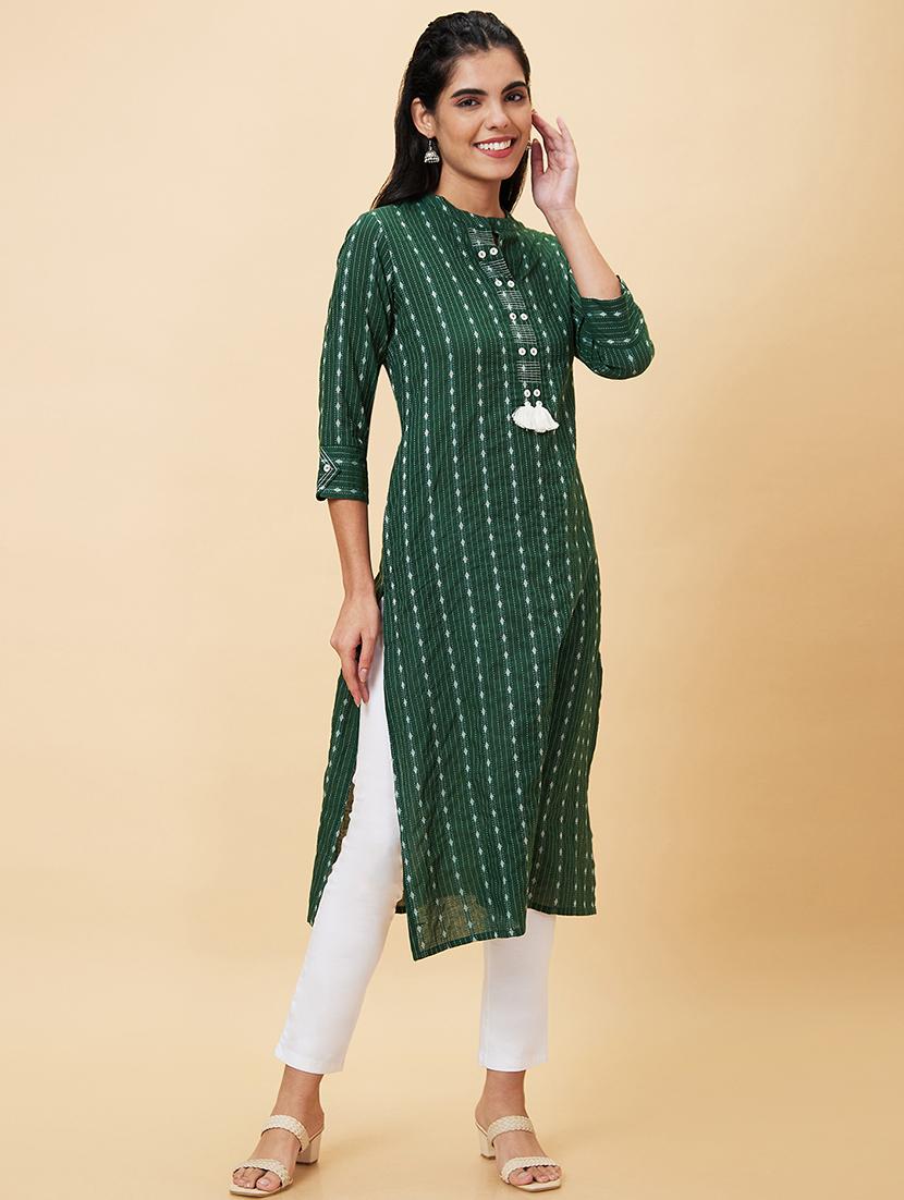 women green cotton straight kurta - 20056389 - Standard Image - 3