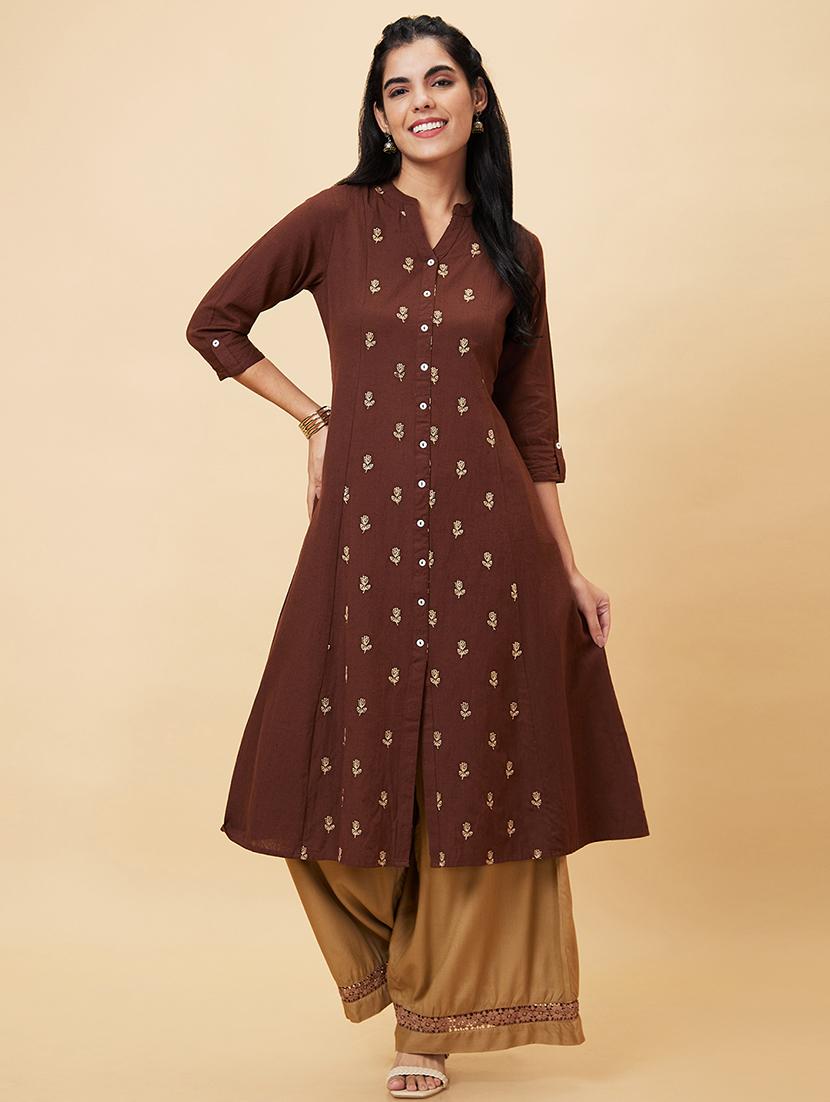 brown printed a-line kurta - 20056390 -  Zoom Image - 0