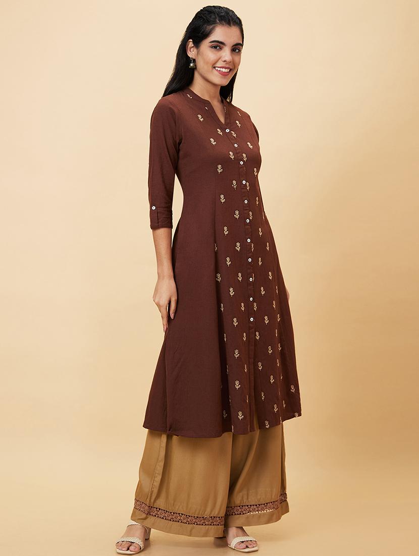 brown printed a-line kurta - 20056390 - Standard Image - 3