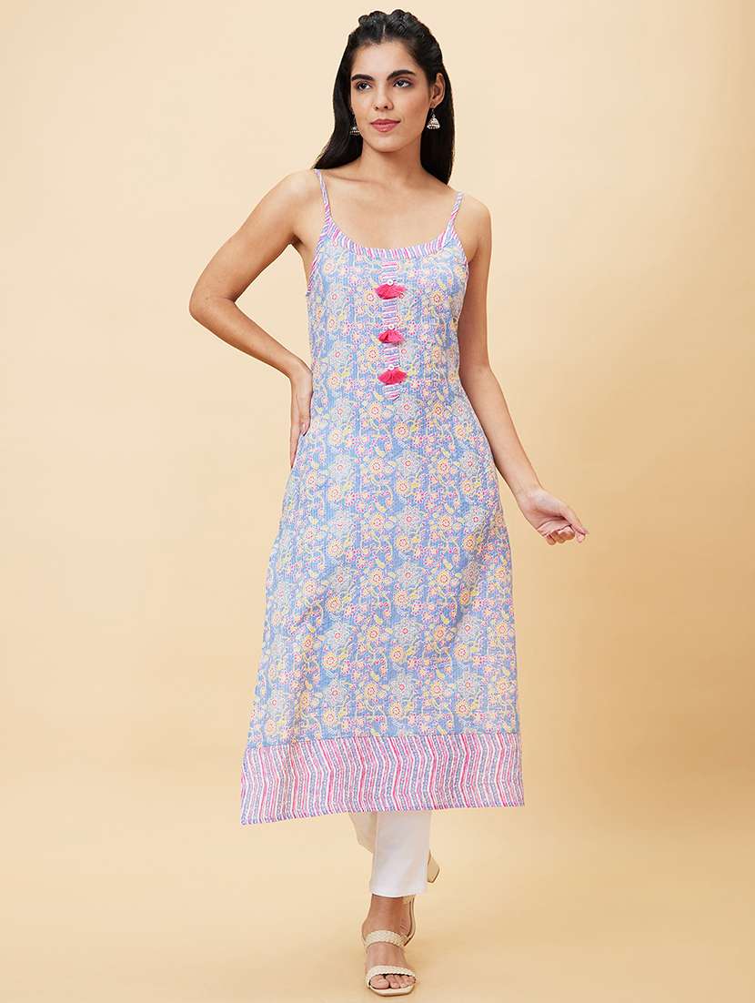women light blue cotton straight kurta - 20056397 -  Zoom Image - 0