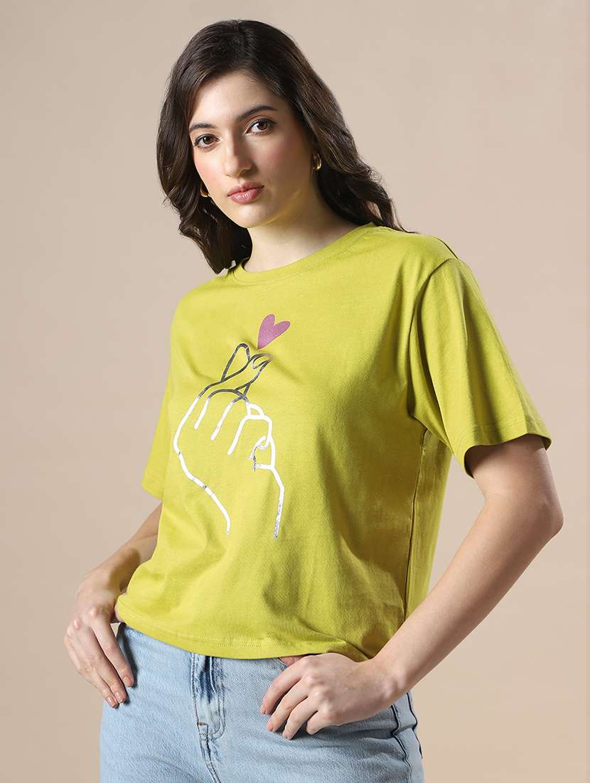 globus women green drop shoulder korean graphic printed oversized trendy crop t-shirt - 20056401 -  Zoom Image - 0