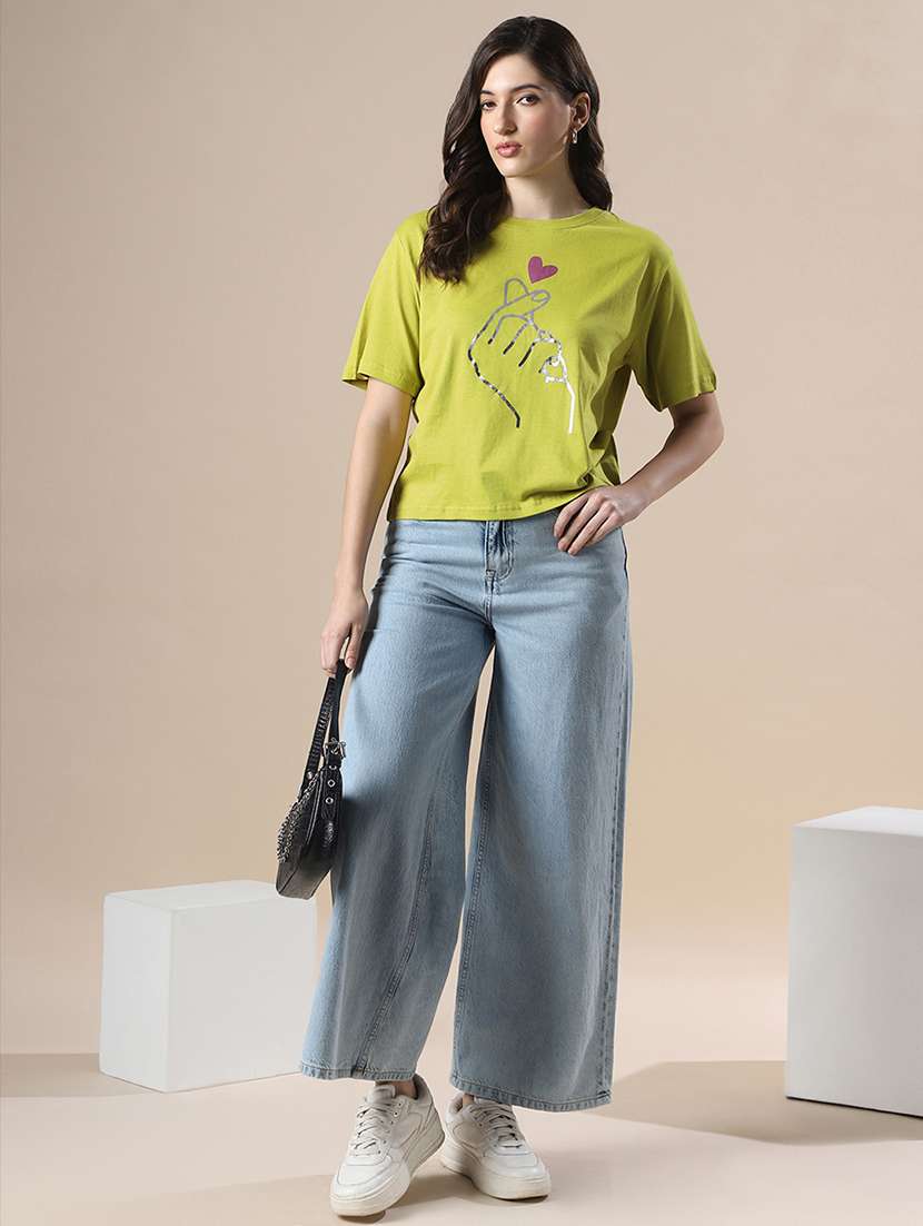 globus women green drop shoulder korean graphic printed oversized trendy crop t-shirt - 20056401 -  Standard Image - 3