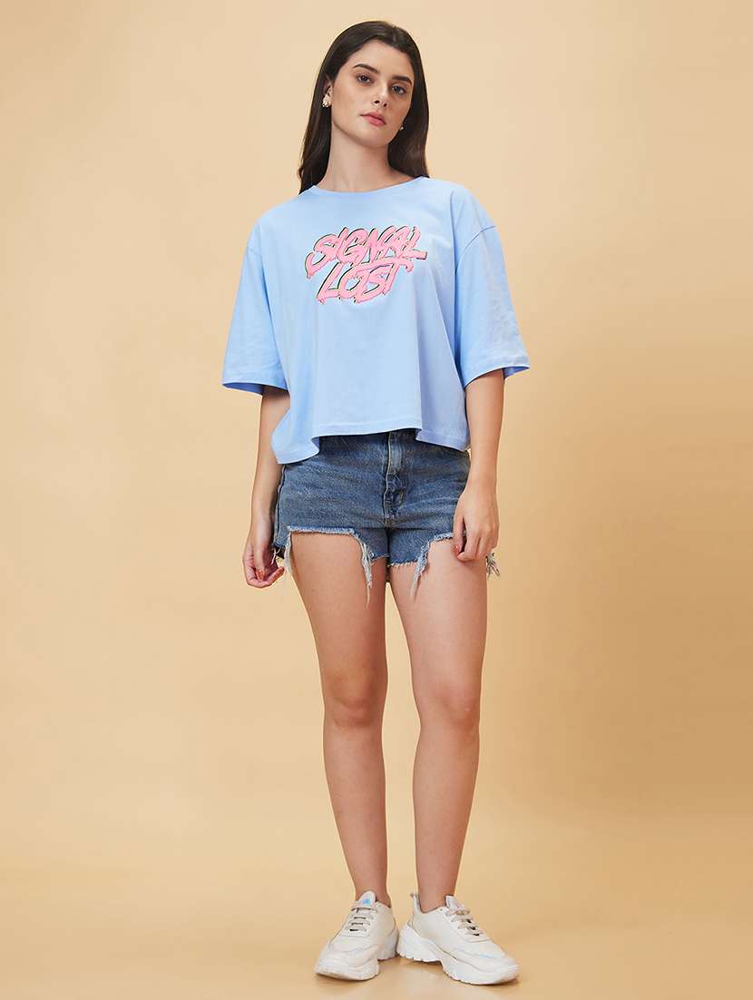 women light blue cotton chest print t-shirt - 20056403 -  Standard Image - 3