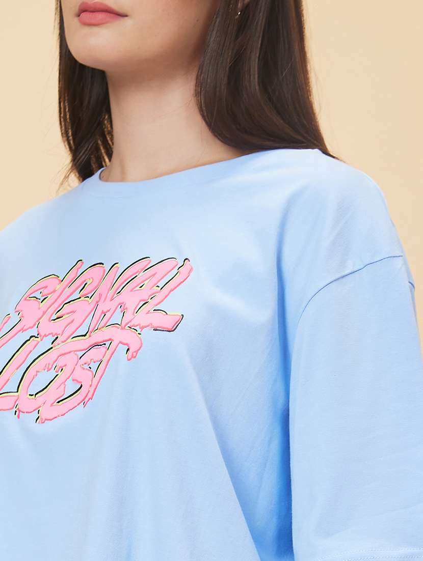 women light blue cotton chest print t-shirt - 20056403 -  Standard Image - 5