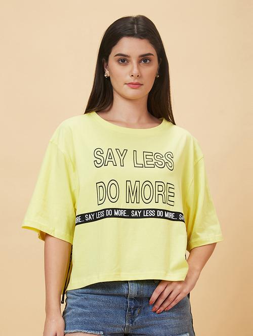 women yellow cotton front print t-shirt - 20056404 - Standard Image - 0