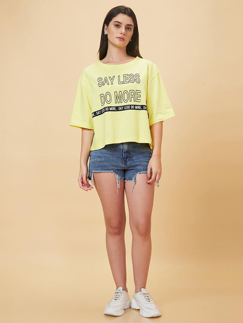 women yellow cotton front print t-shirt - 20056404 - Standard Image - 3