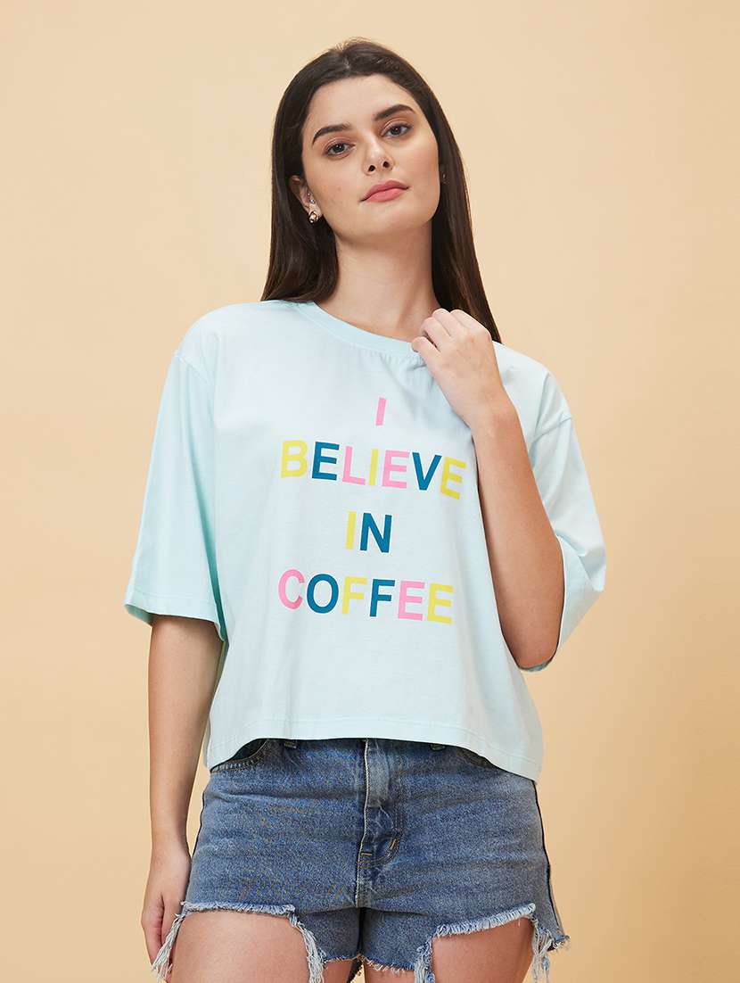 women purist blue cotton front print t-shirt