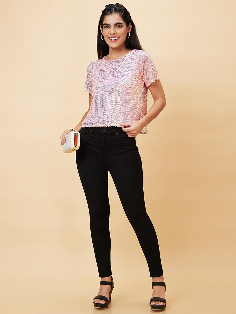 globus women pink sequinned embellished party crop top - 20056415 - Standard Image - 3