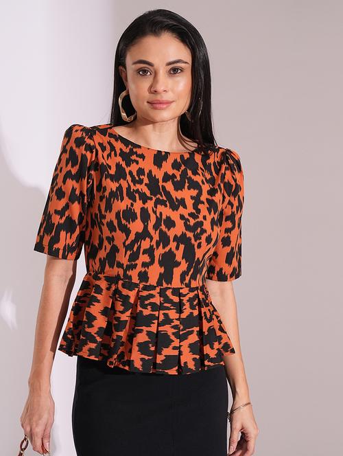 globus women rust animal print puff sleeves pleated peplum top - 20056433 -  Standard Image - 0