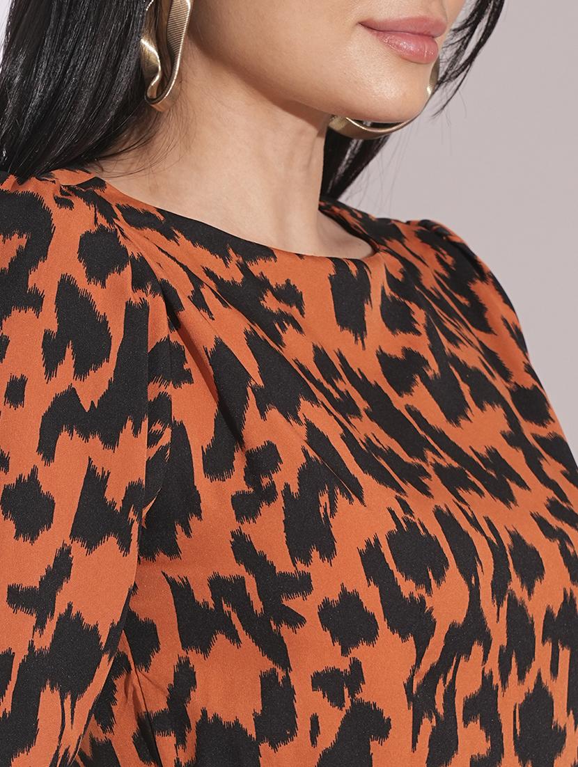 globus women rust animal print puff sleeves pleated peplum top - 20056433 - Standard Image - 3