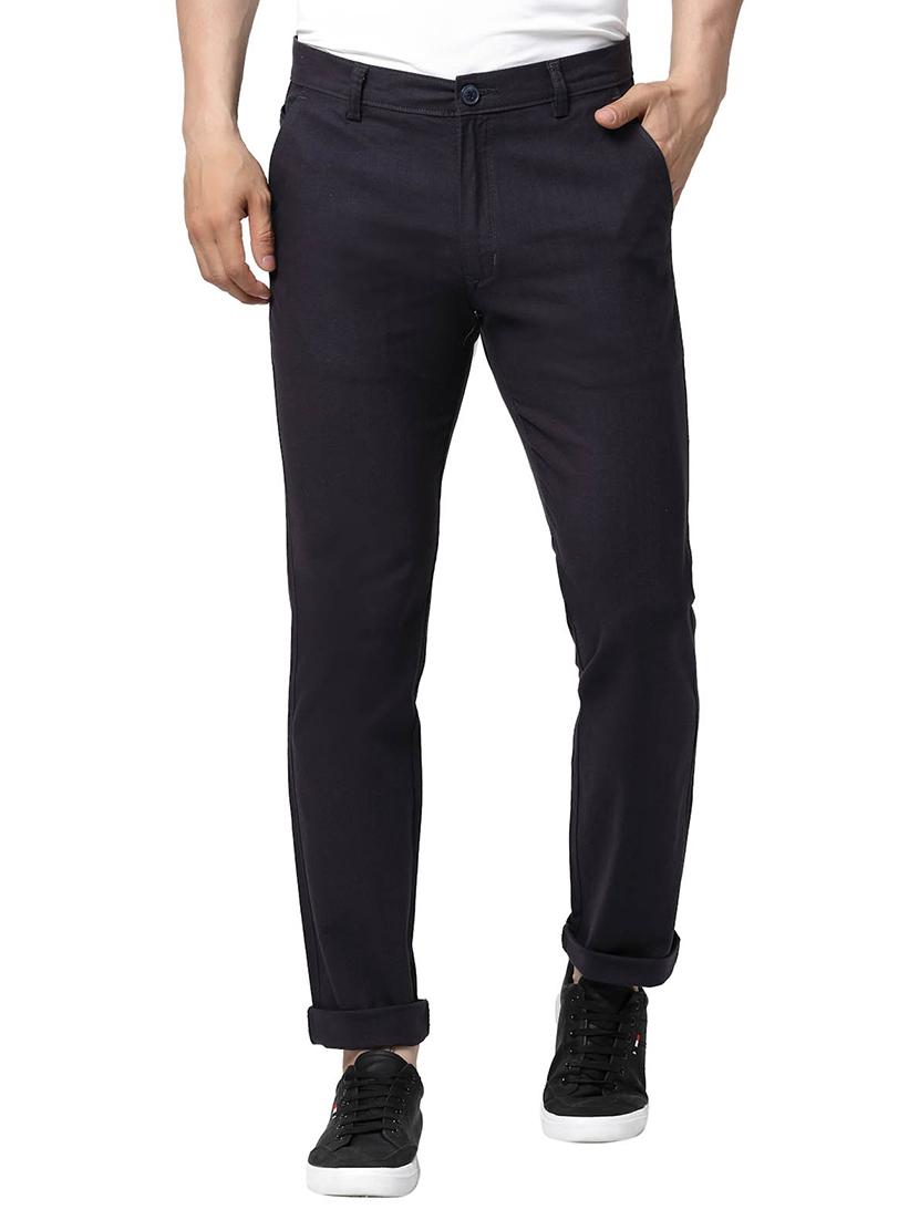  navy blue solid flat front casual trouser - 20056528 -  Zoom Image - 0