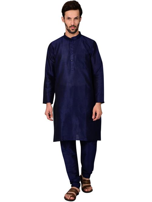 dark blue pure silk kurta pyjama ethnic wear set - 20058496 - Standard Image - 0