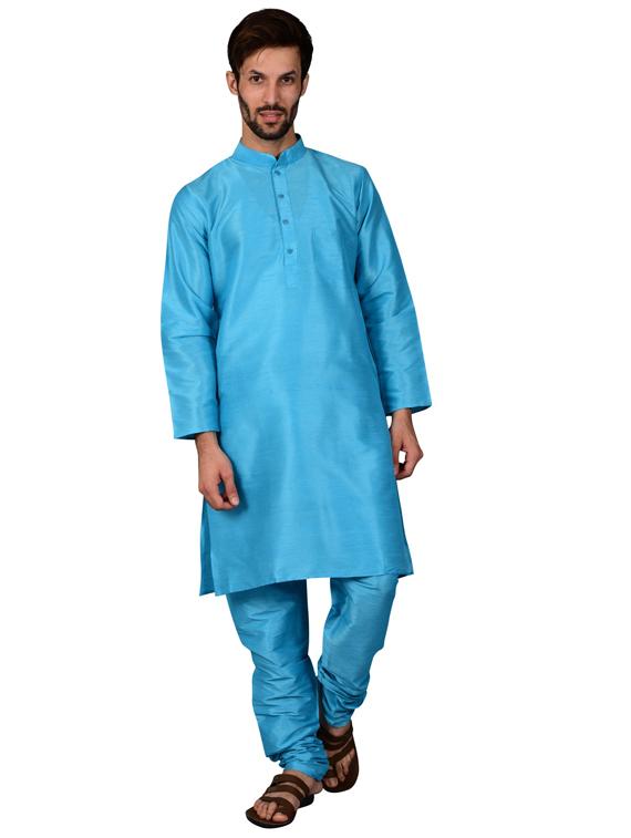 light blue pure silk kurta pyjama ethnic wear set - 20058498 - Zoom Image - 0