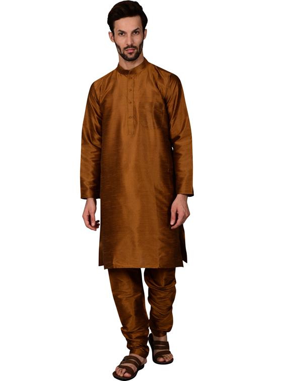 brown pure silk kurta pyjama ethnic wear set - 20058499 - Zoom Image - 0