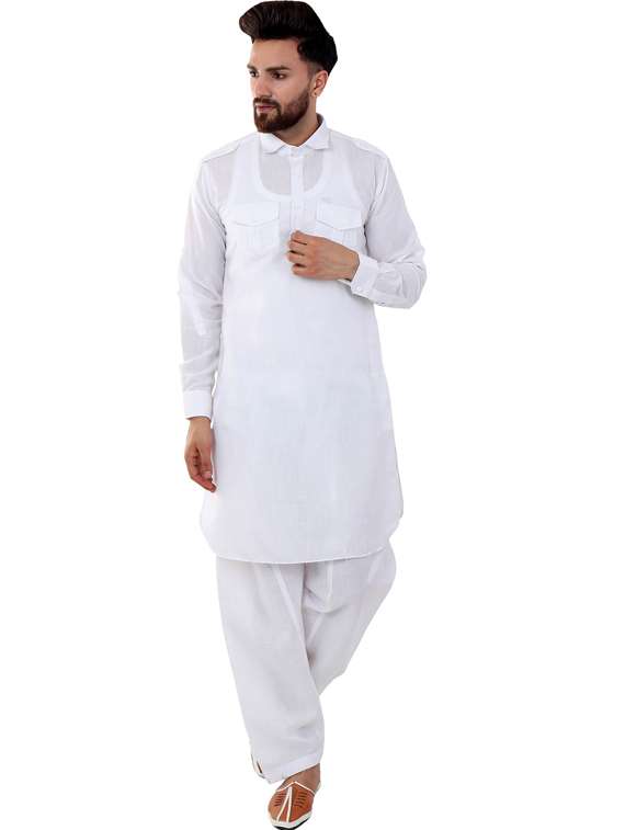 white cotton silk pathani ethnic wear set - 20058502 - Zoom Image - 0