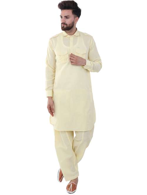 yellow cotton silk pathani ethnic wear set - 20058503 - Standard Image - 0