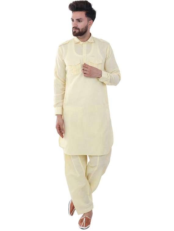 yellow cotton silk pathani ethnic wear set - 20058503 - Zoom Image - 0