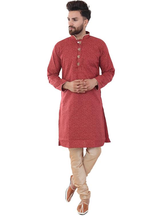 maroon cotton blend kurta pyjama ethnic wear set - 20058530 - Zoom Image - 0