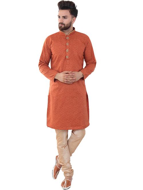 orange cotton blend kurta pyjama ethnic wear set - 20058533 -  Standard Image - 0