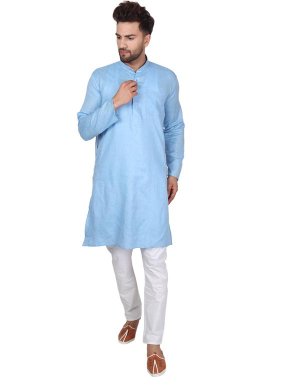 light blue cotton blend kurta pyjama ethnic wear set - 20058553 - Zoom Image - 0