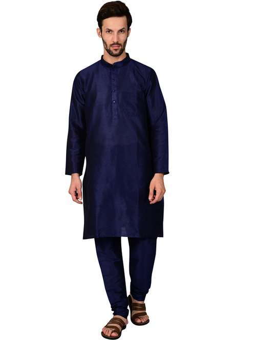 dark blue pure silk kurta pyjama ethnic wear set - 20058566 - Standard Image - 0
