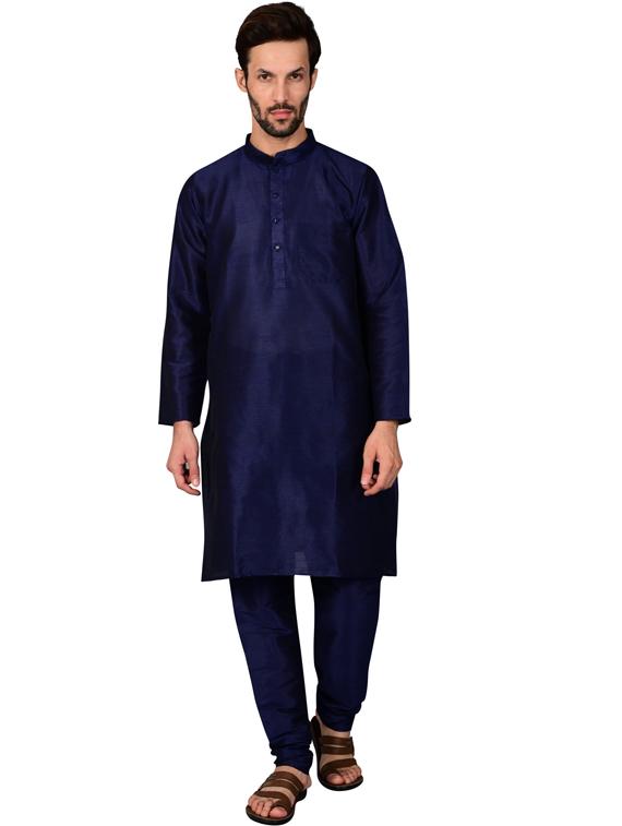 dark blue pure silk kurta pyjama ethnic wear set - 20058566 - Zoom Image - 0