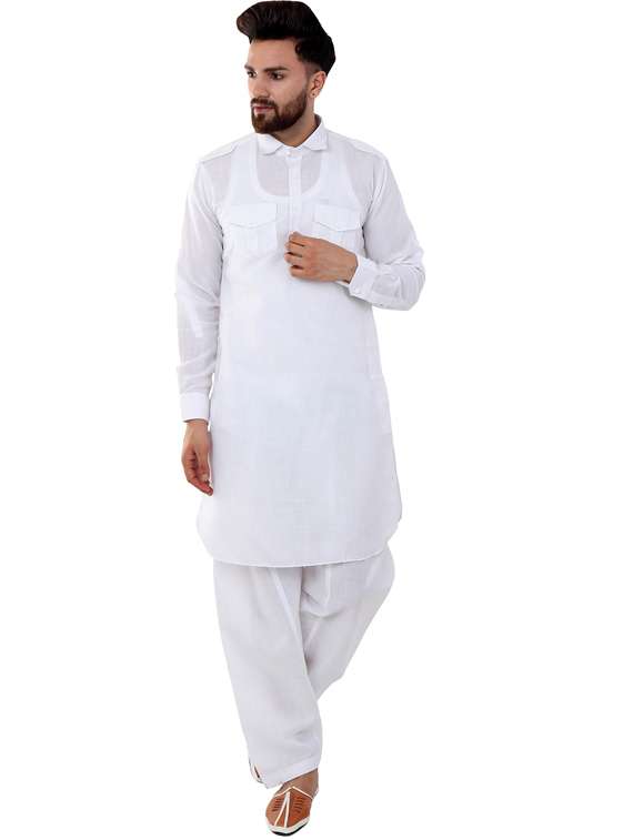 white cotton silk pathani ethnic wear set - 20058572 -  Zoom Image - 0