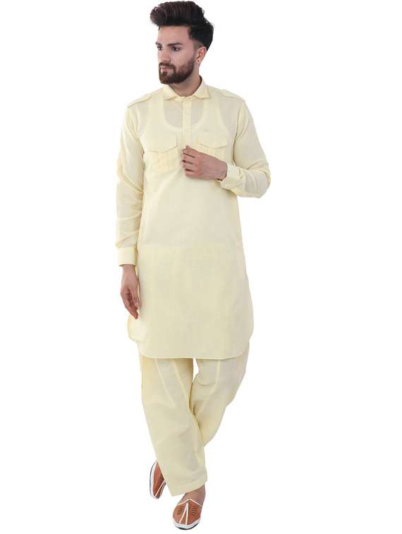 yellow cotton silk pathani ethnic wear set - 20058573 - Zoom Image - 0