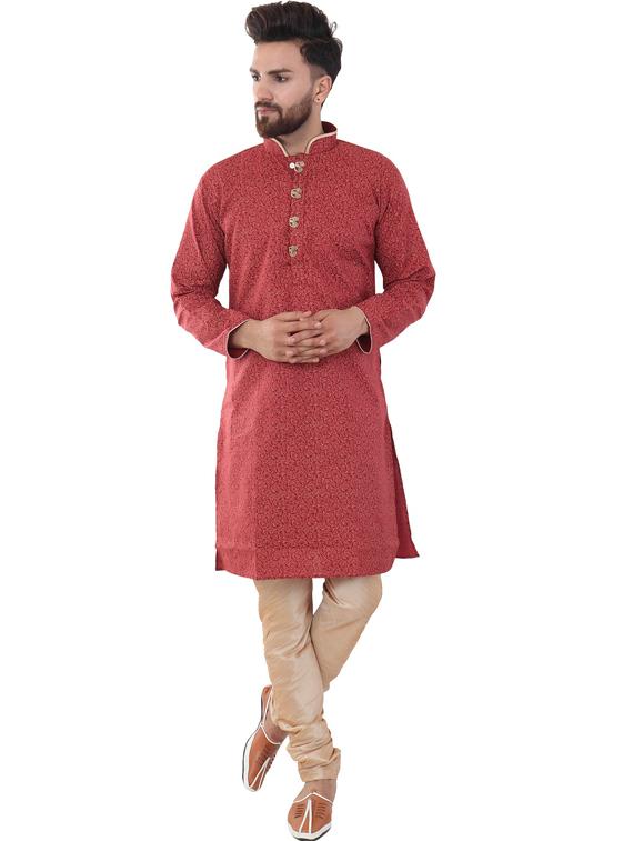maroon cotton blend kurta pyjama ethnic wear set - 20058600 - Zoom Image - 0