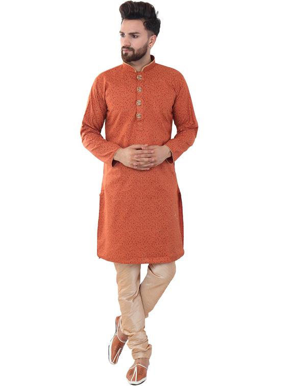 orange cotton blend kurta pyjama ethnic wear set - 20058603 - Zoom Image - 0