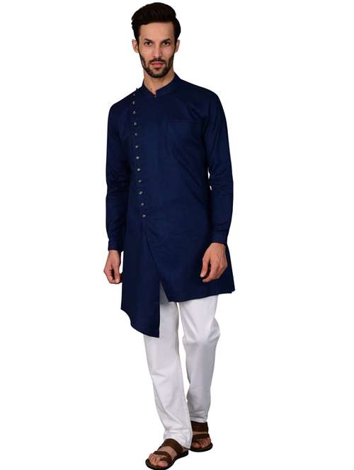 dark blue cotton blend kurta pyjama ethnic wear set - 20058605 -  Standard Image - 0