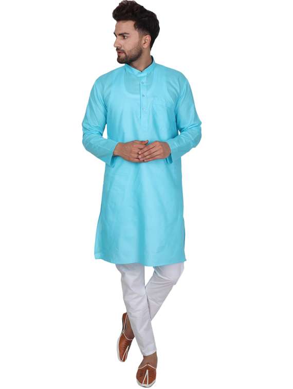 light blue cotton blend kurta pyjama ethnic wear set - 20058612 - Zoom Image - 0