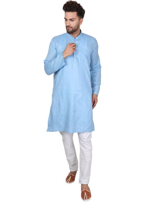 light blue cotton blend kurta pyjama ethnic wear set - 20058623 - Standard Image - 0