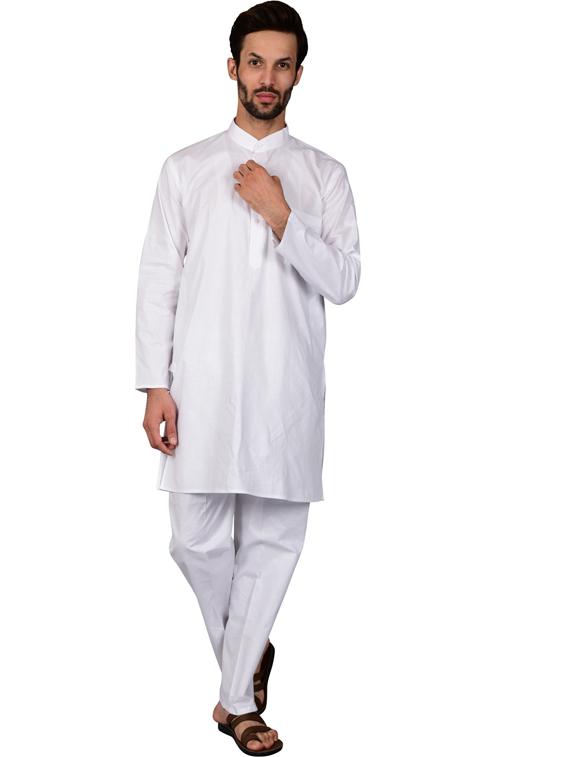 white cotton blend kurta pyjama ethnic wear set - 20058643 - Zoom Image - 0